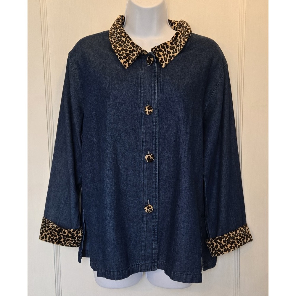 VTG Steven Edwards Button Up Denim Blouse Leopard Trim‎ Collar Size Small